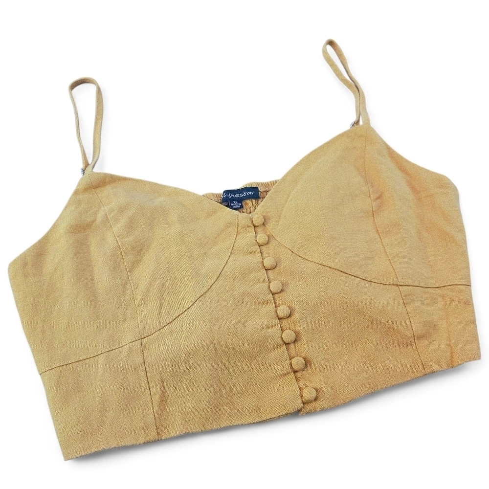 Shinestar Mustard Yellow Linen Blend Button Front Smocked Back Crop Top Cami XL